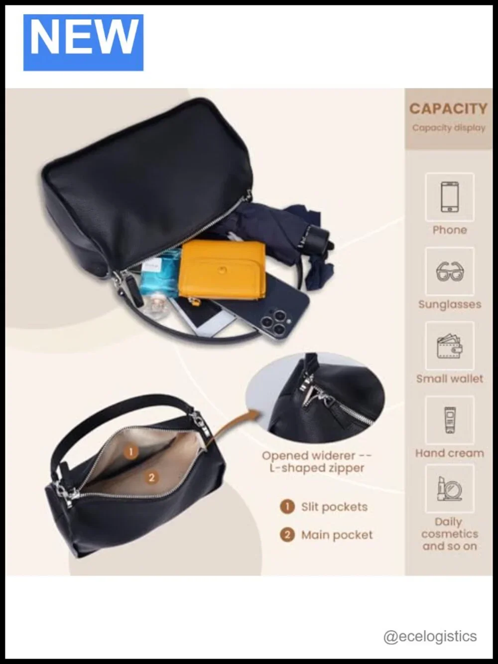 Full-Grain Leather Hobo Crossbody Bag Adjustable Strap w/ Pocket